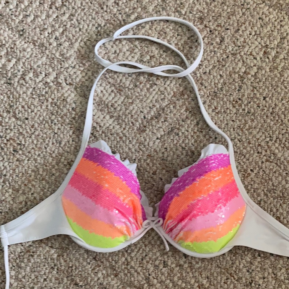 VS white rainbow sequined halter bikini top